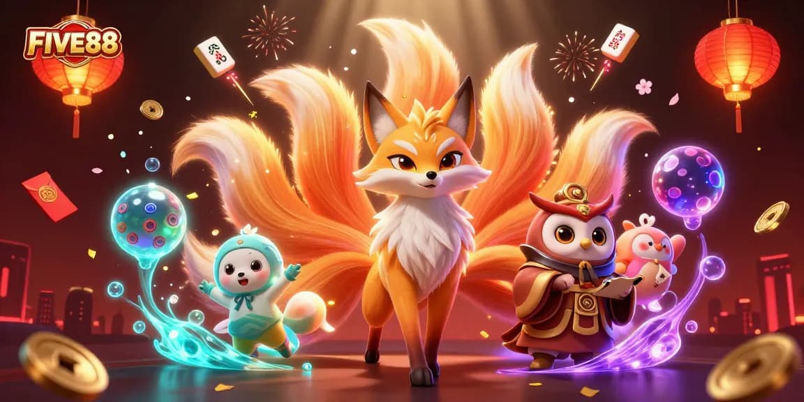 Experience the vibrant casino world of FIVE88 with spirits and festive elements spinning joyfully.