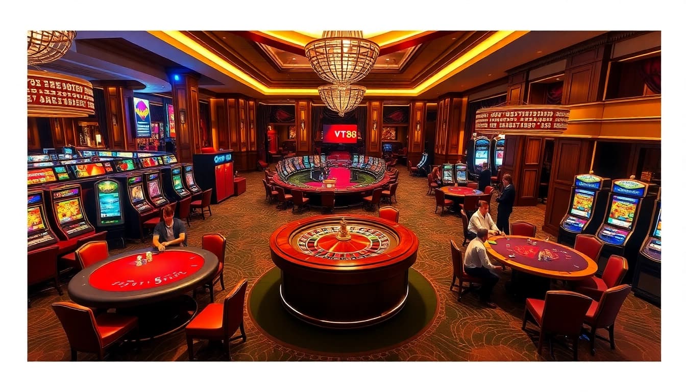 Engaged gamblers at VT 88 casino tables strategizing; vibrant environment with roulette wheels and slot machines.