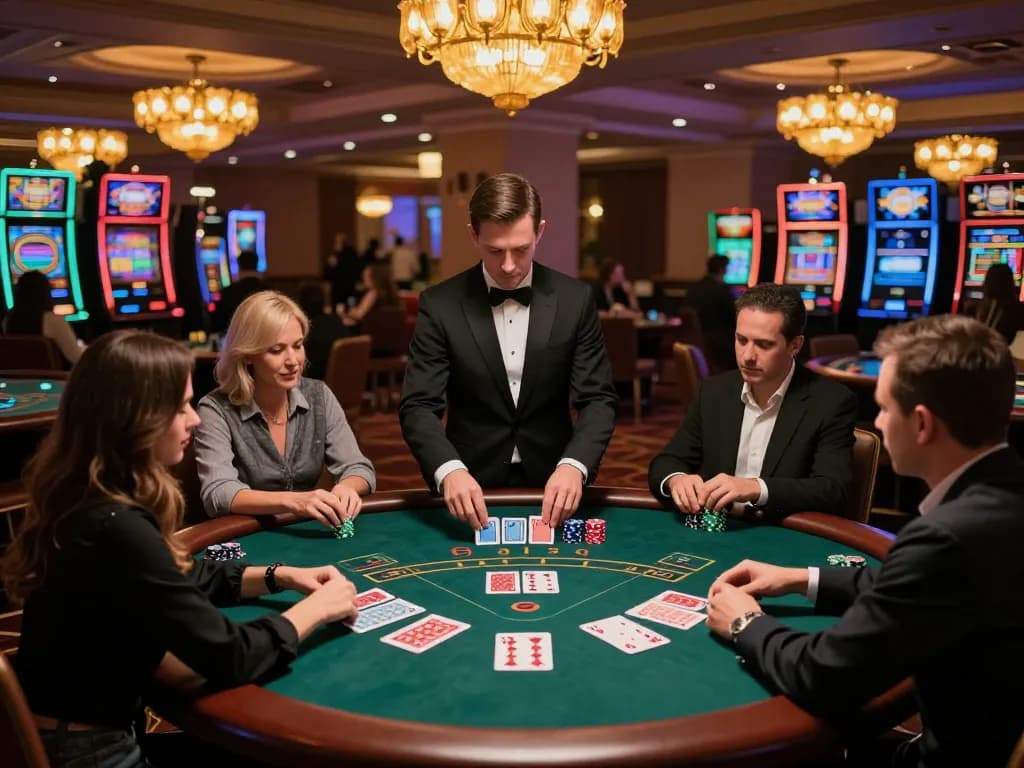 Engaging players at a blackjack table, enhancing the ดูหนัง experience in a vibrant casino setting