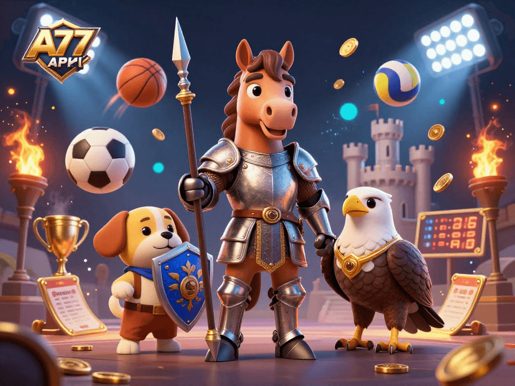 Bet and win with A77 APK inside a dynamic casino scene featuring a knight, squire puppy, and falcon.