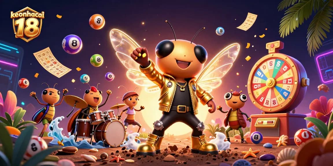 Engage with keonhacai 18's vibrant lottery scene featuring colorful dynamic elements and energetic characters.