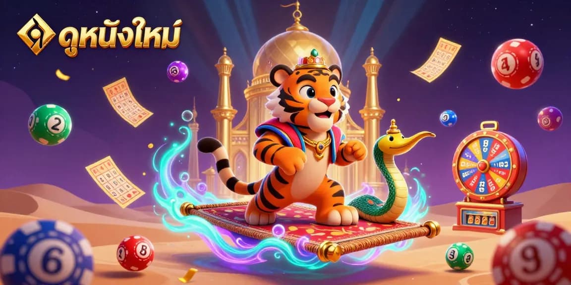 Experience excitement with ดูหนังใหม่ vibrant 3D casino illustration featuring a tiger sultan, golden tickets, and lottery elements.