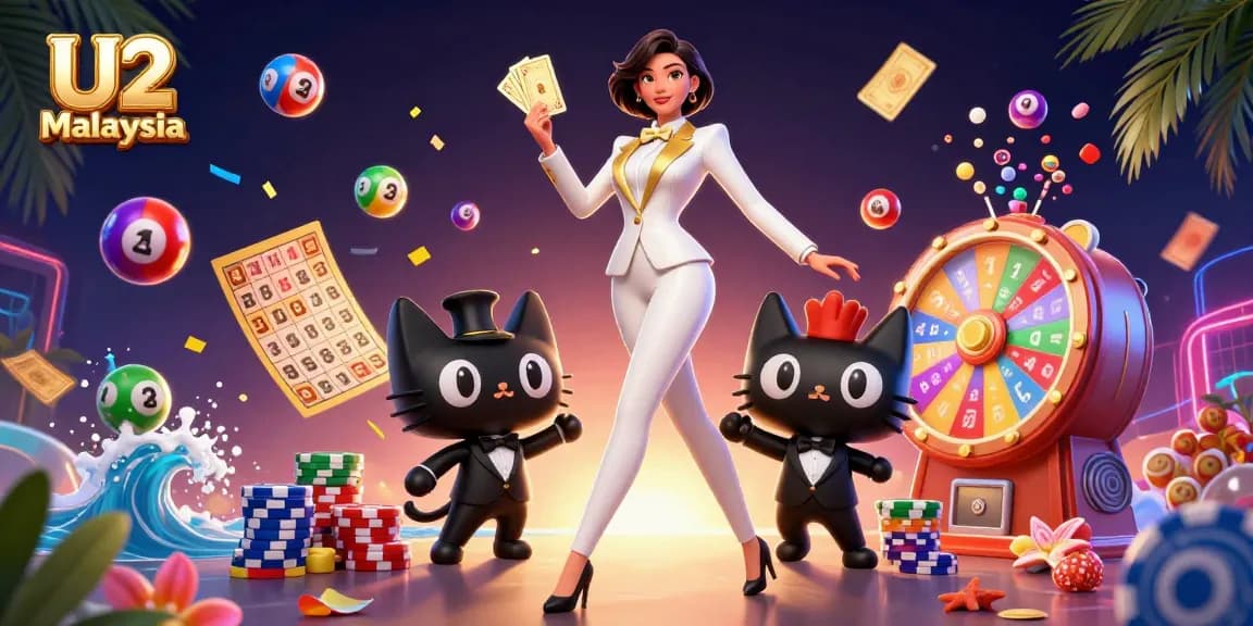 Experience exciting wins at U2 Malaysia with colorful lottery balls, a glamorous dealer, and vibrant casino elements.
