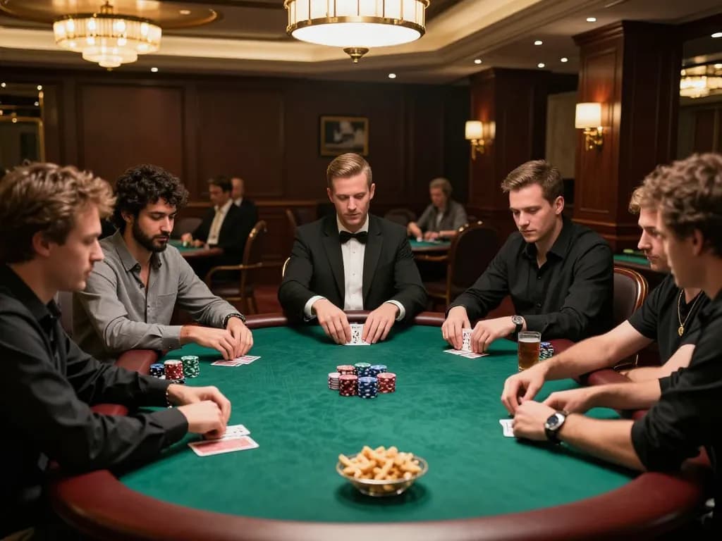 Engaged players in a high-stakes poker game at a luxurious casino, showcasing leci123a strategy.