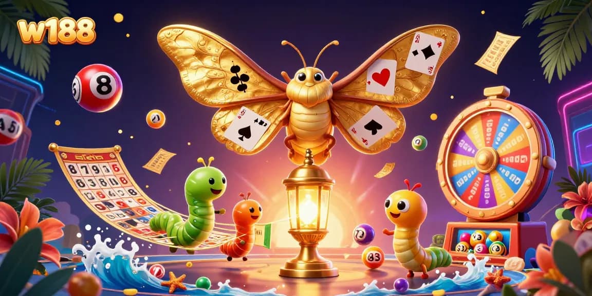 w188 offers vibrant online gaming with lively elements like card suits, colorful lottery balls, and a dynamic casino theme.
