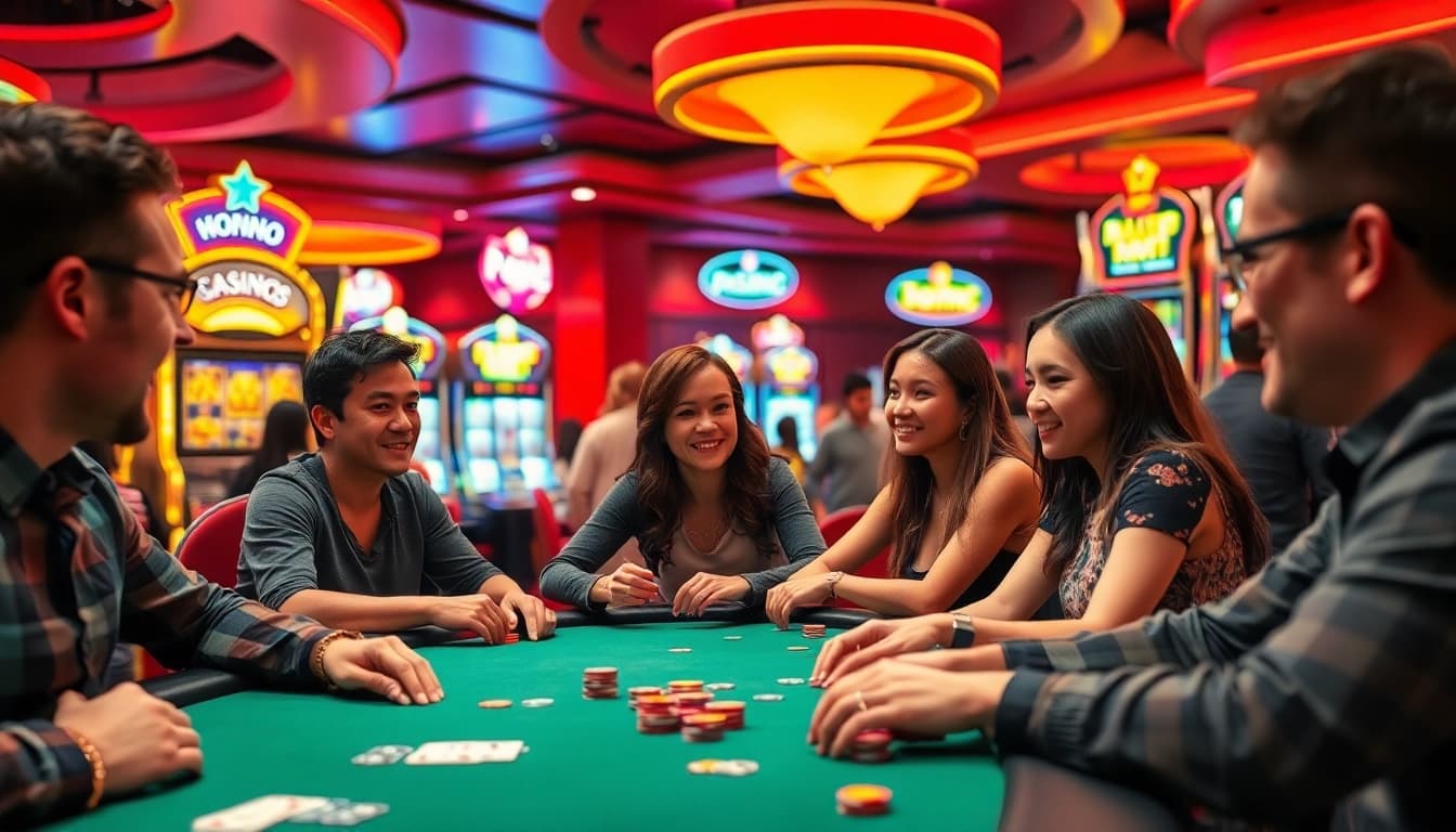 Spieler genießen casinospielen in einem lebhaften Casino mit bunten Tischen und fröhlicher Atmosphäre.