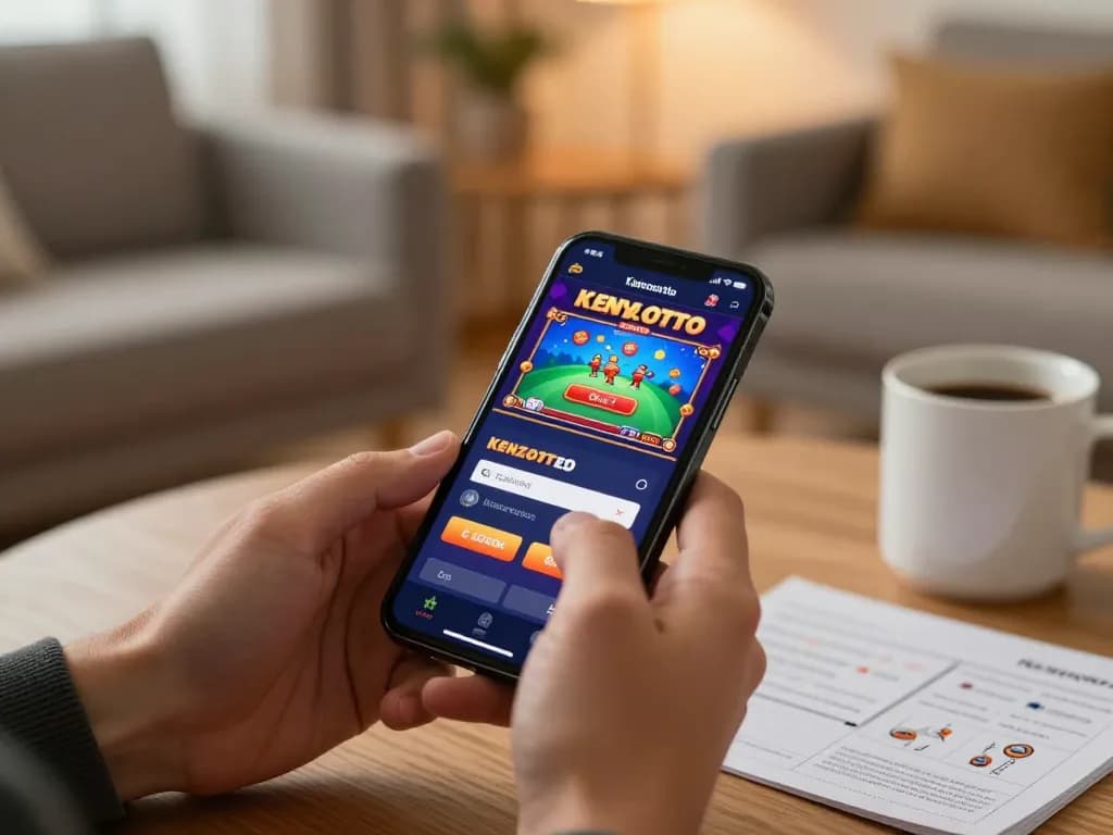 Momen menarik seorang pemain yang melakukan login kenzototo di smartphone dalam lingkungan permainan rumah yang nyaman.