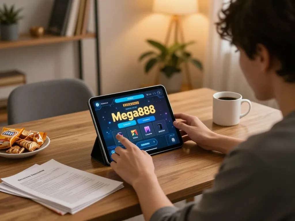 Engaging in free credit mega888 on tablet during a cozy home gaming session