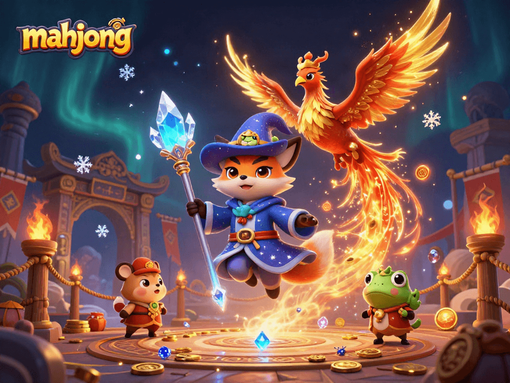 Engage in thrilling mahjong gameplay with mystical characters in a vibrant casino scene.