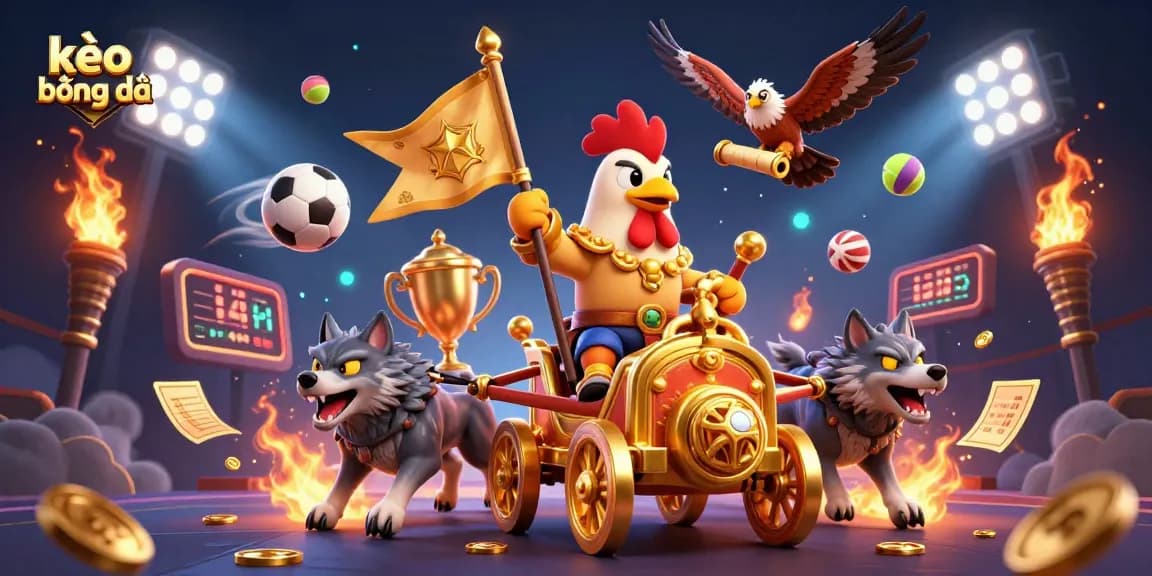 Experience kèo bóng đá with a dynamic 3D sports betting scene featuring a golden war chariot and sports elements.