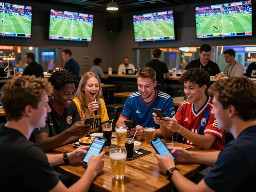 Engaged patrons placing bets on Fun88 com in a lively sports bar atmosphere with multiple screens