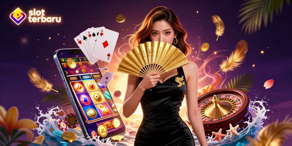 Experience the dazzling slot terbaru with a stunning Asian woman amidst dynamic casino elements and vibrant visuals.