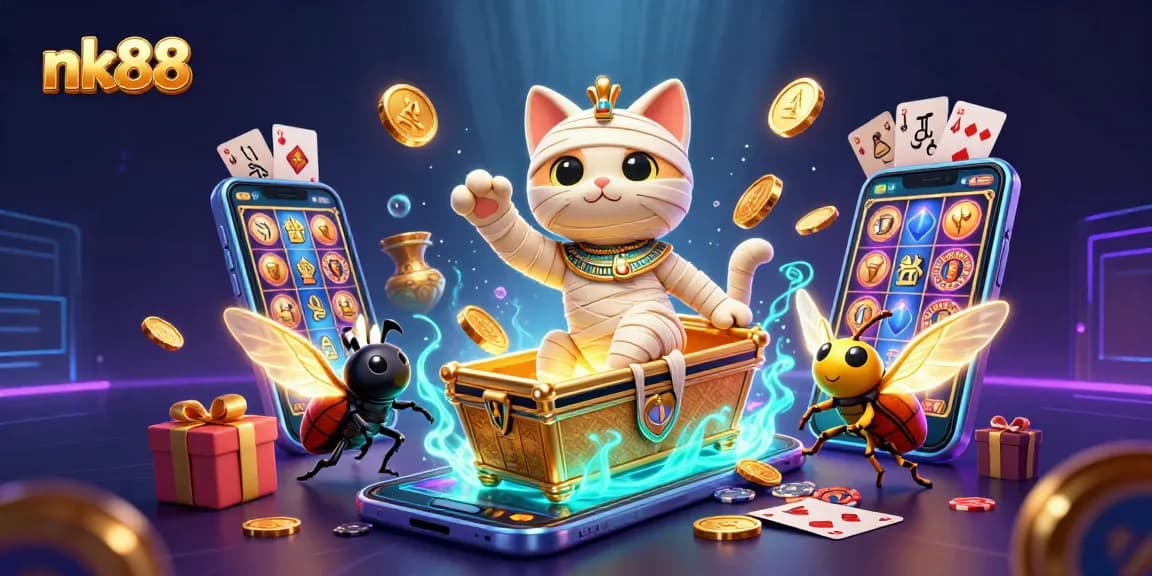 Experience thrilling wins at nk88 with a vibrant 3D casino scene featuring a mummy cat and golden slots.