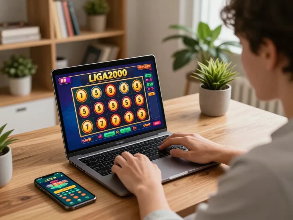 LIGA2000 player engaged in slot gaming on a laptop at home, showcasing vibrant gameplay and excitement.