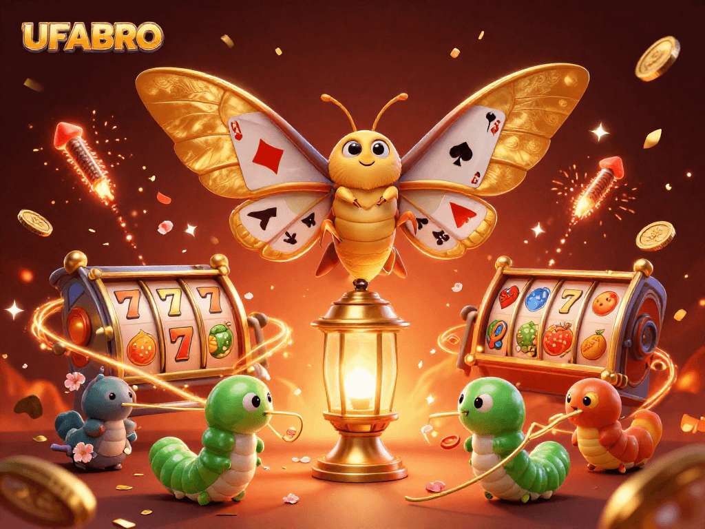 Experience UFABRO's exciting casino atmosphere filled with vibrant slot games and celebratory elements.
