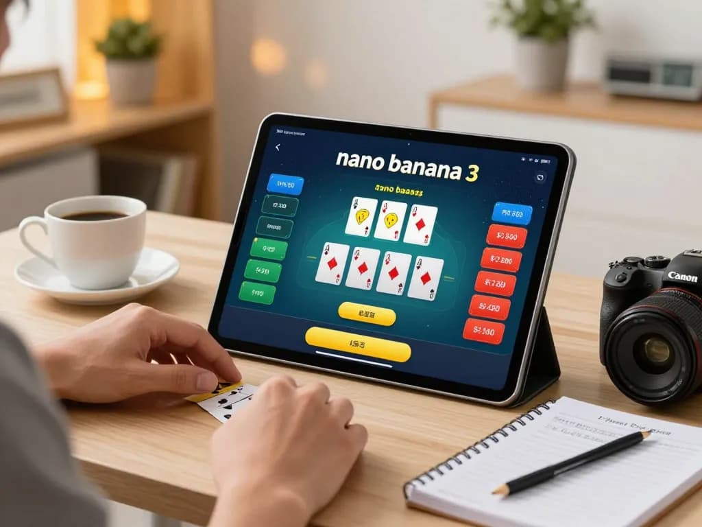 Playing blackjack with nano banana 3 app on a tablet, showcasing strategy and home comfort