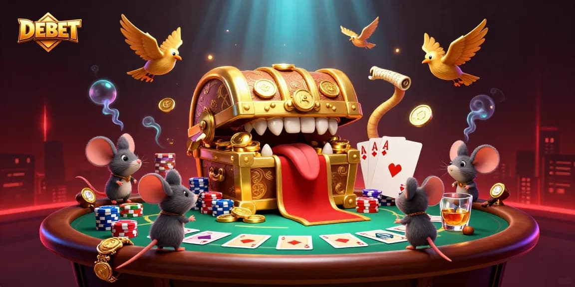 Engage with the exciting DEBET casino experience featuring a treasure chest and poker elements.