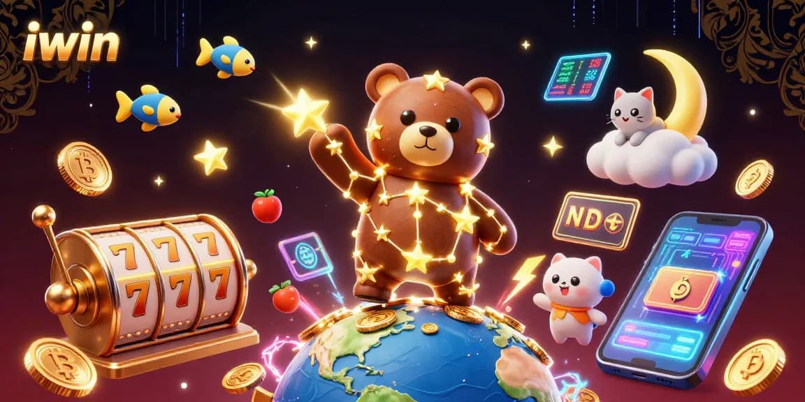 Experience the thrill of iwin as characters scoop coins amidst vibrant slot elements and crypto coins.