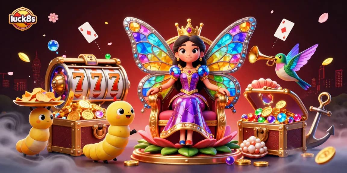Experience thrilling gaming action with luck8s in a vibrant 3D casino scene featuring dynamic slots and a colorful butterfly queen.