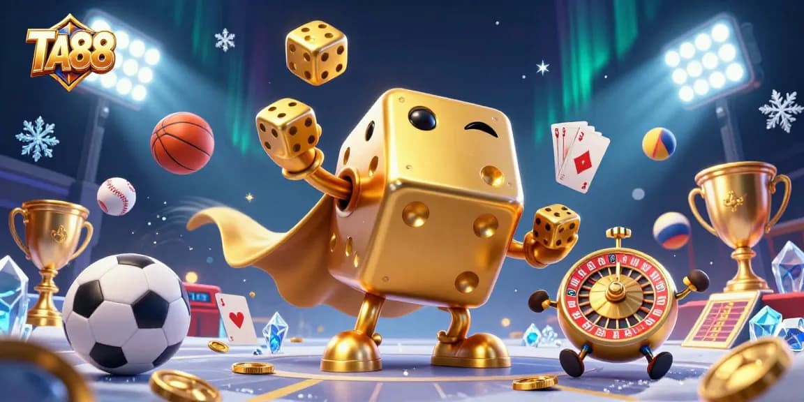 Engage with TA88's thrilling casino experience featuring animated golden dice, sports elements, and vibrant visual effects.