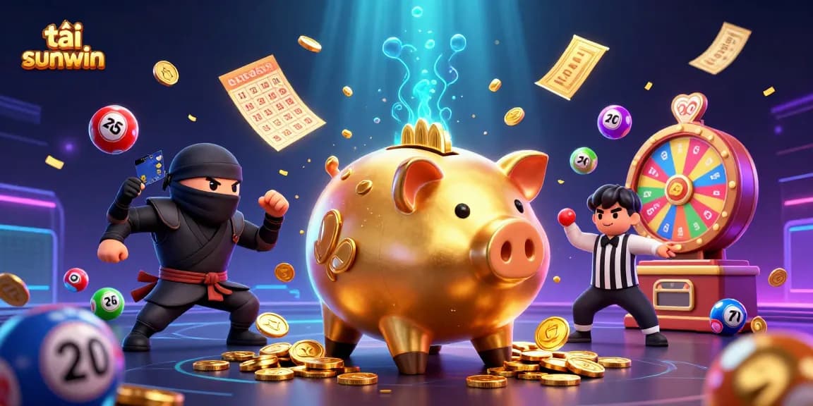 Tải sunwin players enjoy dynamic gaming with golden piggy bank sumo wrestler and gameplay elements.