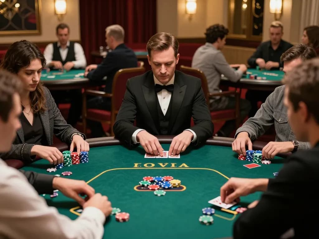 Players strategizing their bets in an exciting poker game at 388bet casino, showcasing vibrant chips and dealer action.