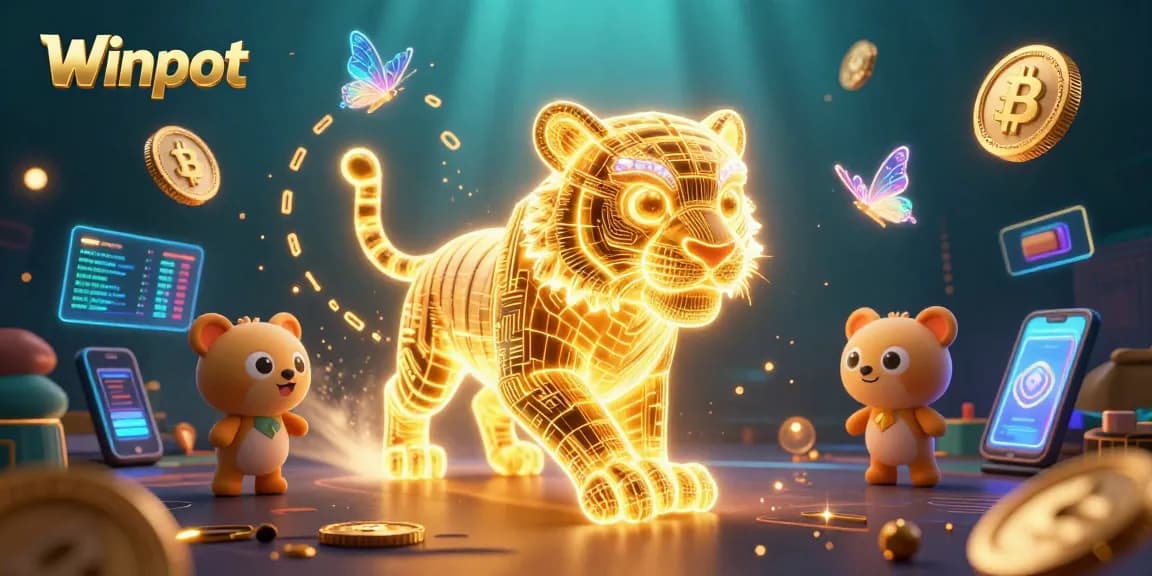 Winpot illuminates the crypto casino landscape with a neon tiger, Bitcoin coins, and vibrant visuals.