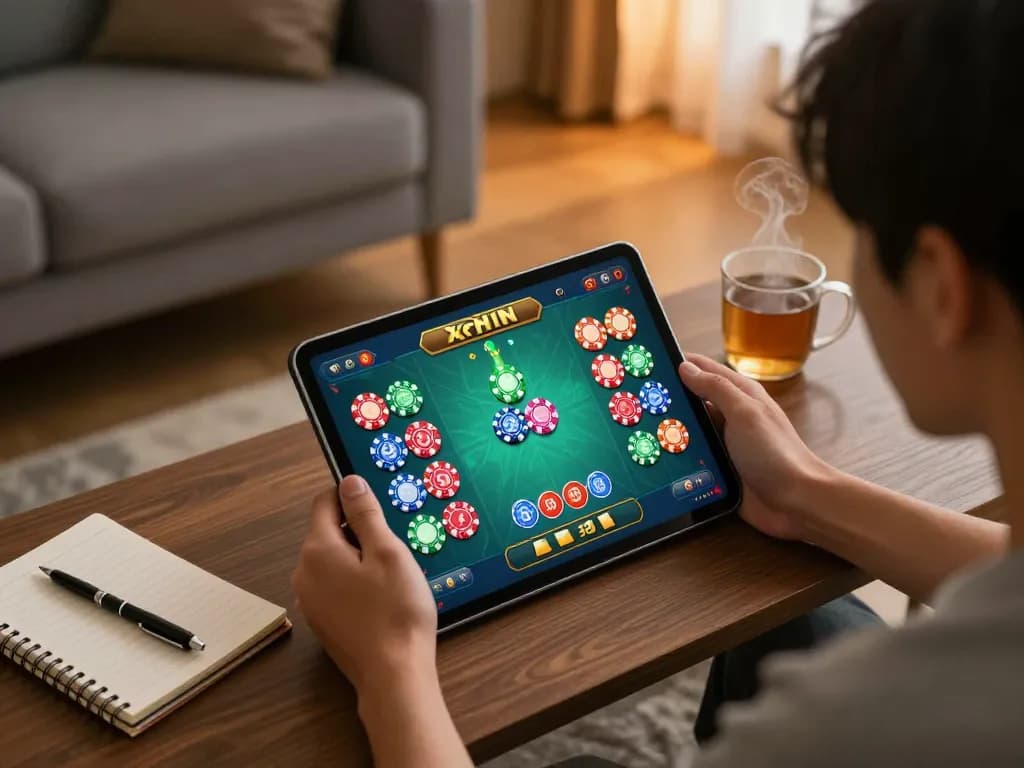 xóc đĩa online game interface on a tablet, showcasing vibrant graphics and colorful betting chips in a cozy home setting.