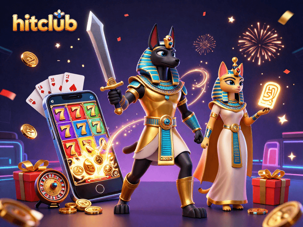 Hitclub champions thrilling slots with Anubis and Bastet amidst a vibrant casino atmosphere.