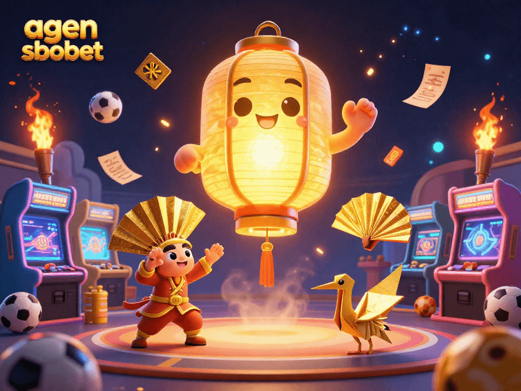 Engage in sports betting excitement at agen sbobet, featuring vibrant golden lanterns and dynamic gaming elements.