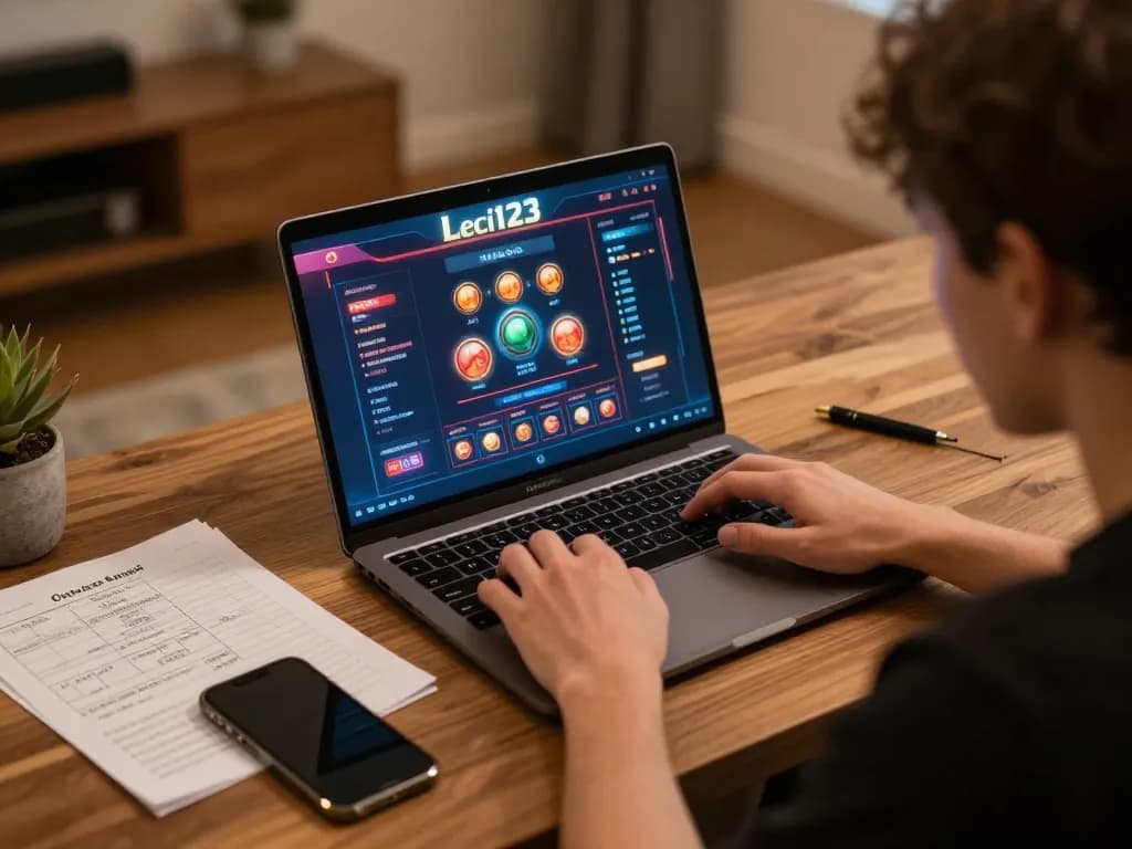 Leci123 player engaging intensely with online casino interface on laptop, strategy notes visible.