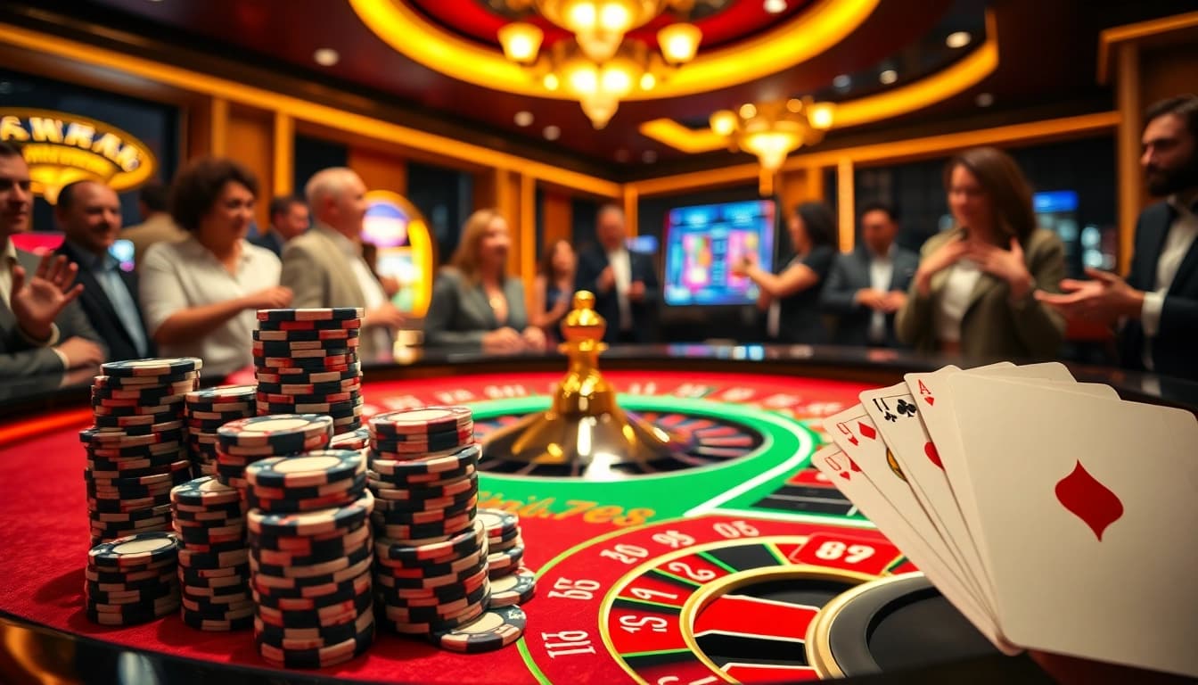 Experience the thrill of winning at the win678 luxury casino with a vibrant roulette table and lively gamblers.