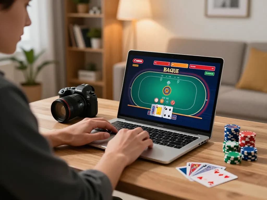 Player engaged in online poker on 23win with chips and cards displayed at stylish home setup.