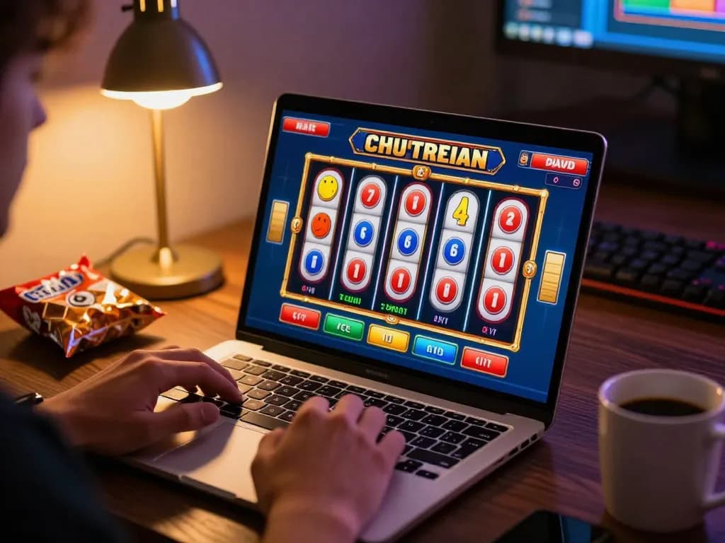 Engaging in situs gacor online slot gaming at home with focused atmosphere and colorful graphics