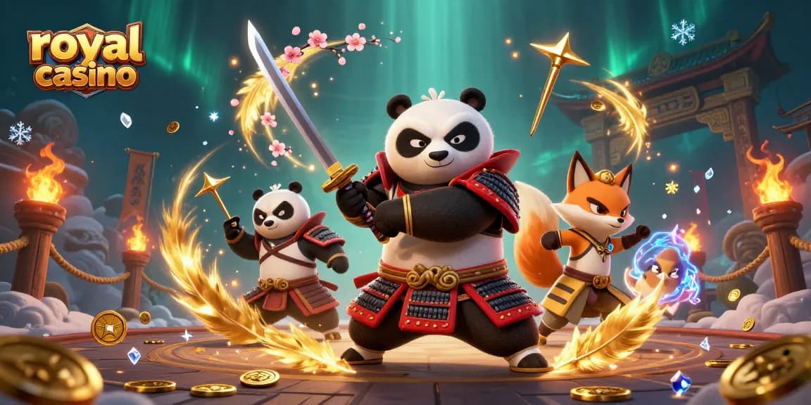 Engage in thrilling gameplay at royal casino with vibrant characters battling amid gold coins and dynamic casino elements.