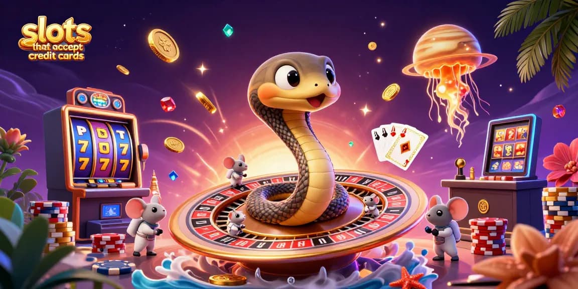 Experience slots that accept credit cards while enjoying a cosmic casino scene with vibrant game elements.