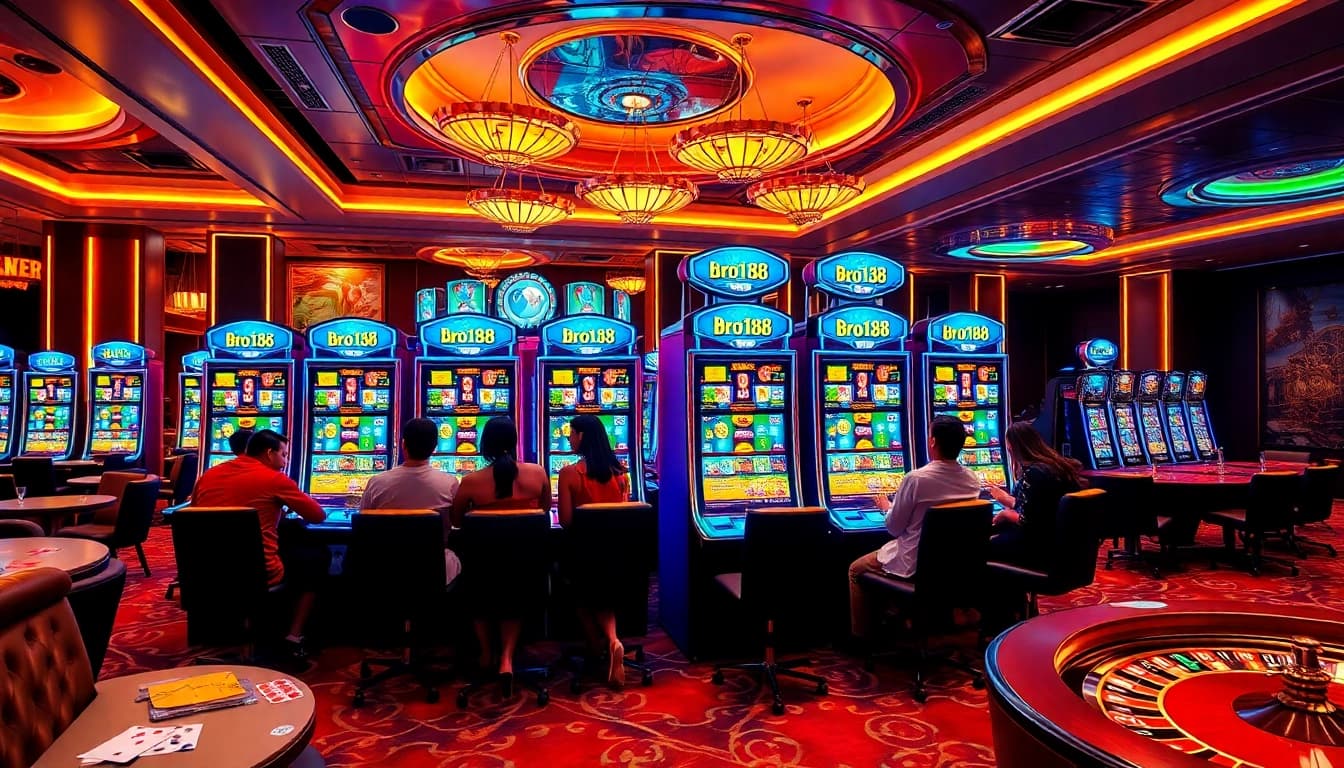 Bro138 slot machines in a luxurious casino atmosphere, showcasing excitement and professional gaming experience.