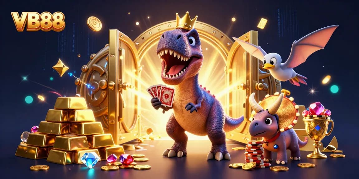 Experience exciting VB88 gameplay with a T-Rex shuffling cards in a vibrant casino scene.