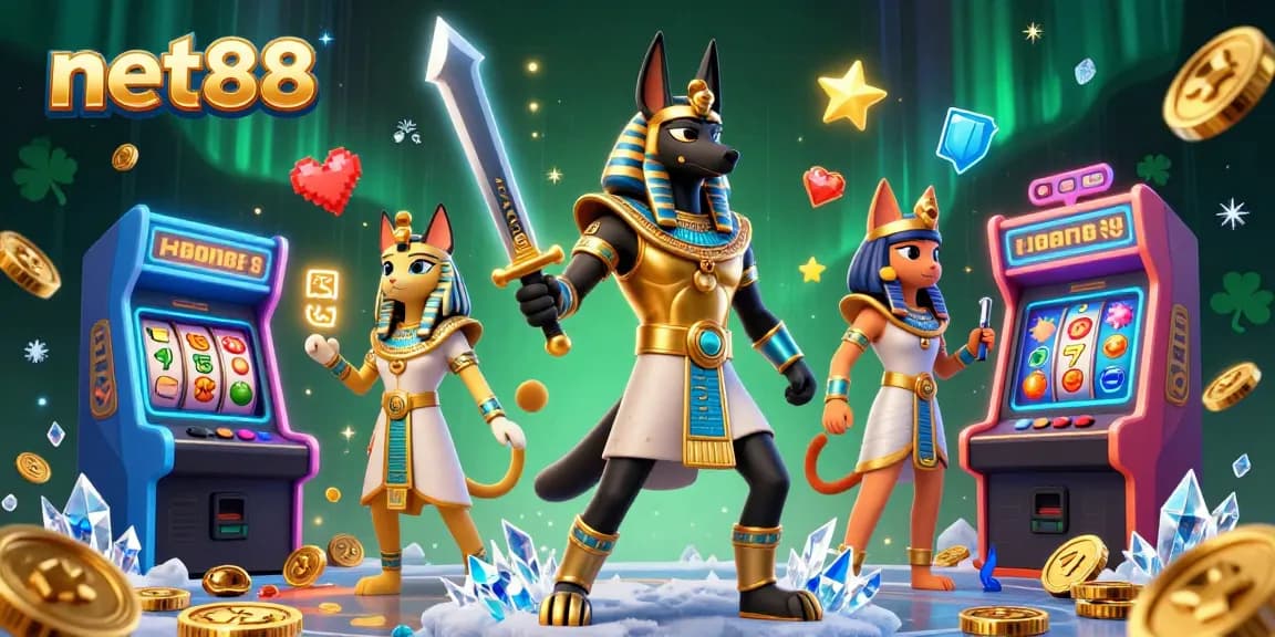 Experience net88 with Anubis and Bastet in a vibrant 3D casino scene packed with slot elements.