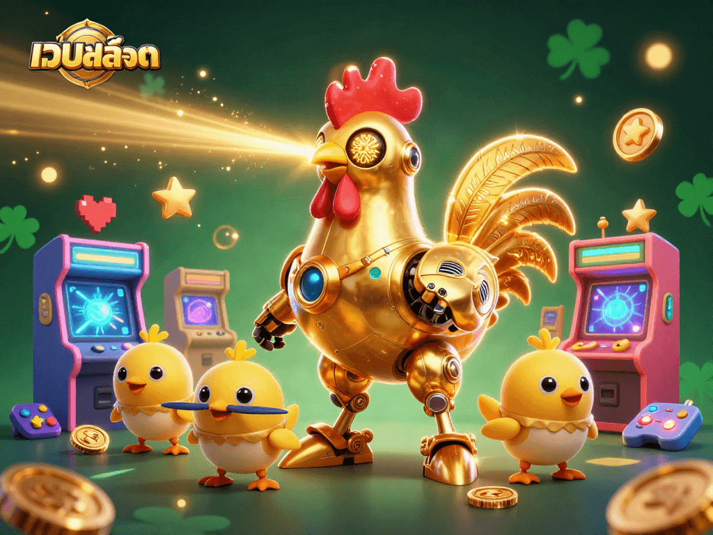 Engage with เว็บสล็อต in this vibrant 3D casino scene featuring a golden rooster robot and baby chick drones.