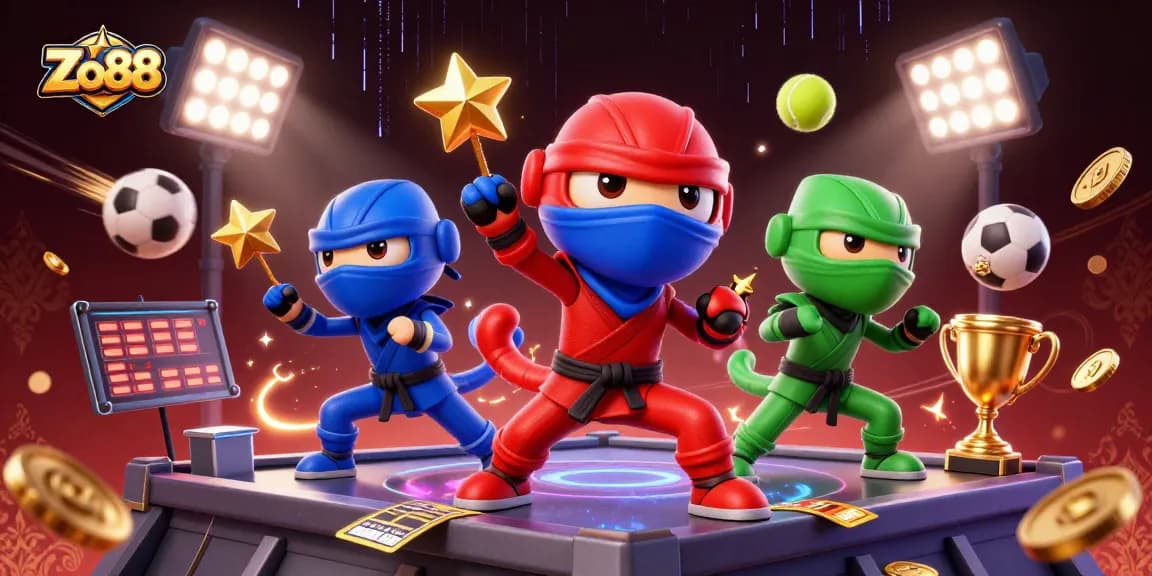 Engage in thrilling gaming action with Zo88's vibrant synchronized chameleon ninjas amidst dynamic sports elements.