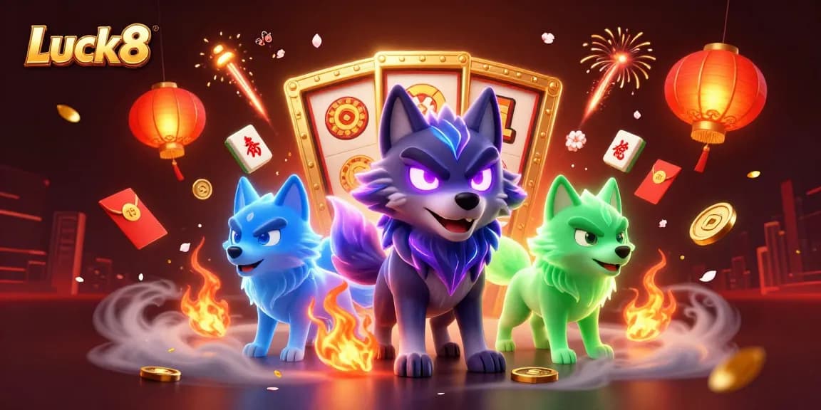 Luck8 players enjoy vibrant casino scenes with 3D illustrative wolves, slots, and festive elements.