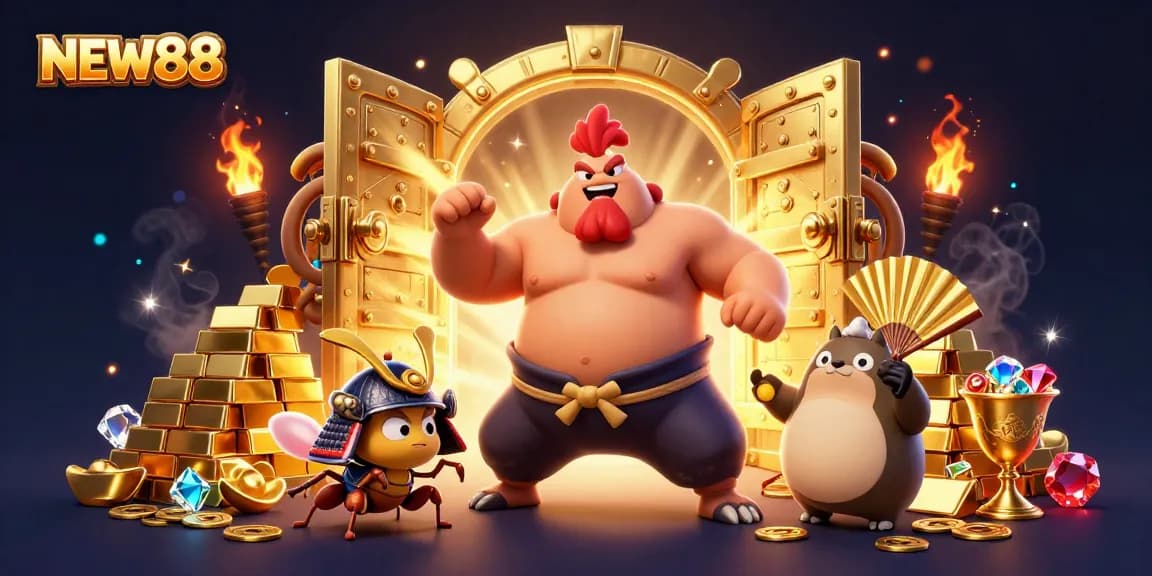 Experience the excitement of NEW88 with animated characters in a vibrant casino setting full of treasure and adventure.
