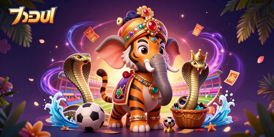แทงบอล with vibrant sports betting scene featuring a maharaja tiger, jewel-encrusted elephant, and energetic elements.