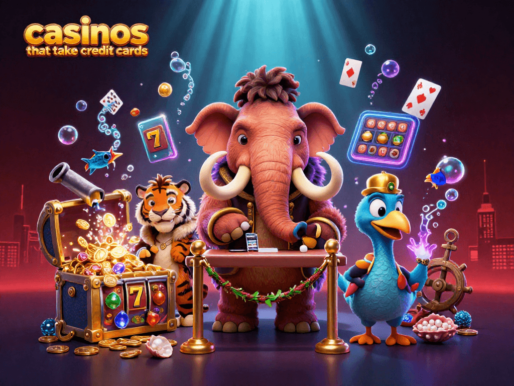 Experience the excitement of casinos that take credit cards with vibrant casino elements and characters.