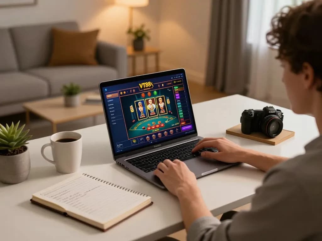 Player enjoying VT88's online casino with poker game interface on a laptop, cozy home setting.