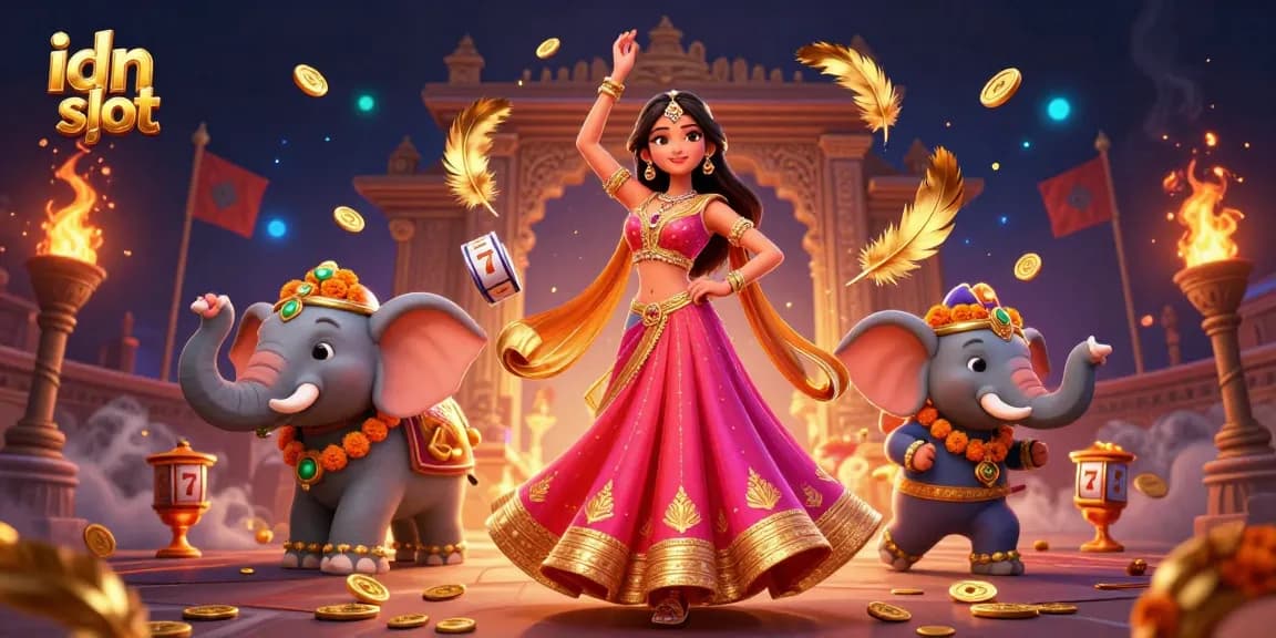 Engage with idn slot's vibrant atmosphere featuring colorful characters, slot reels, and dynamic casino elements.
