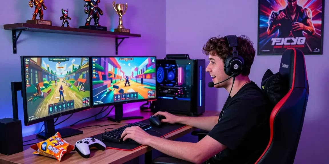 Engaged gamer exploring Pajaktoto SGP platform in an immersive gaming setup with vibrant LED lights.