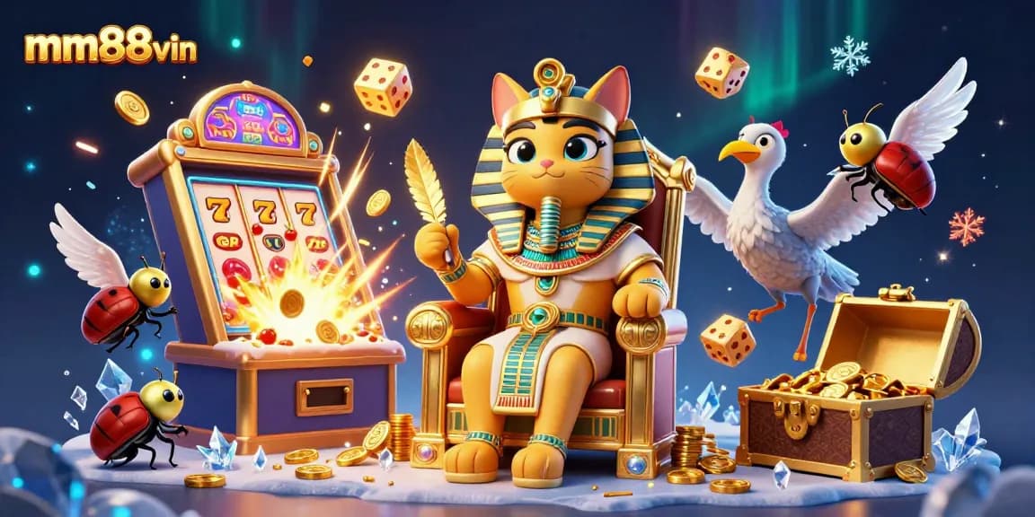 Win big at mm88vin with exciting casino games featuring a pharaoh cat and overflowing treasures.