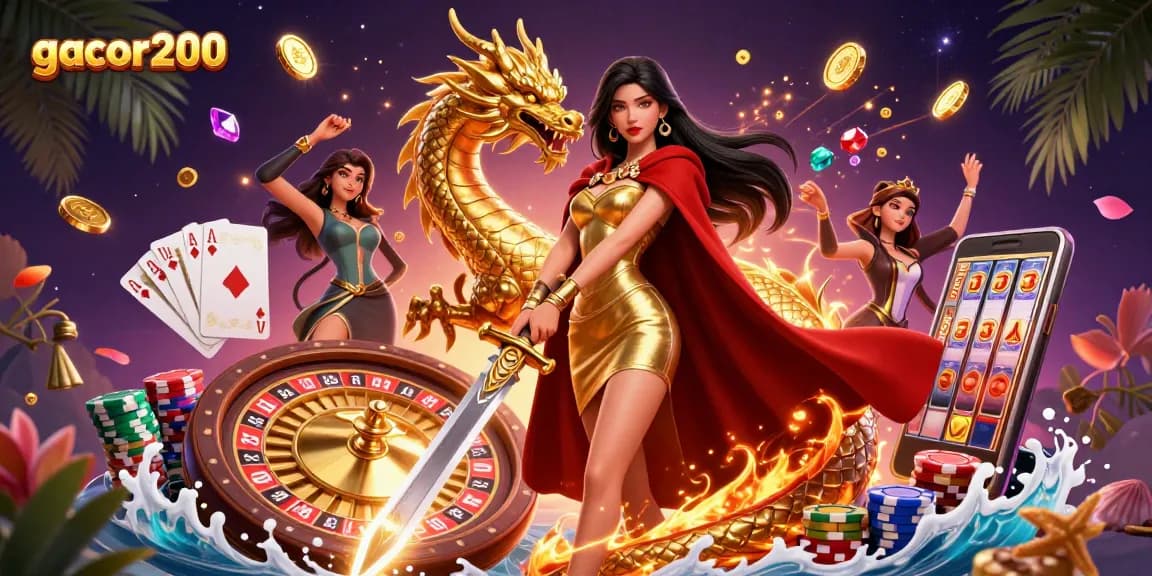Engage with the thrilling world of gacor200 as a stunning queen wields a sword amidst vibrant casino elements.